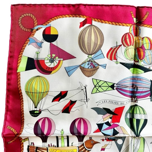 HERMES “Les Folies Du Ciel” Red Multicolor Colorful 100% Silk Scarf Carre 40 - Picture 2 of 12